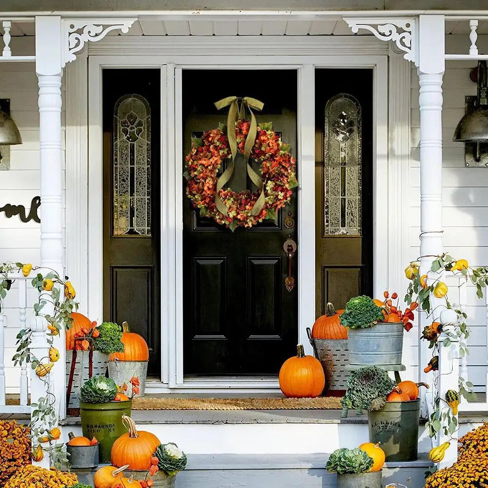 Thanksgiving Wreath Fall Hydrangea Bowknot Decoration Flower Garland Wreath Thanksgiving Front Door Home Decor