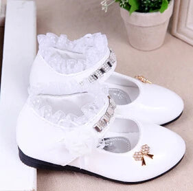 2021 New Flower Girls Shoes Spring Autumn Princess Lace PU Leather Shoes Cute Bowknot Rhinestone For 3-11 Ages Toddler Shoes