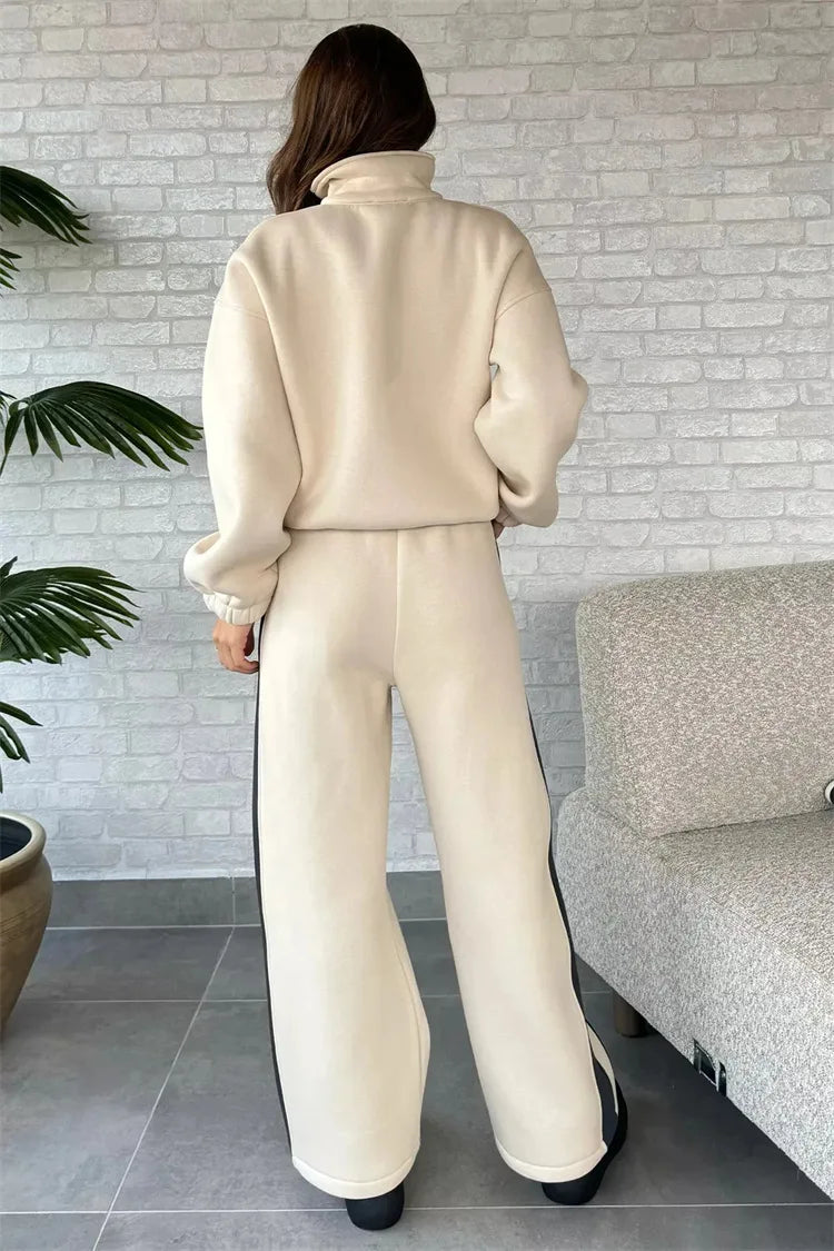 Casual High Neck Zipper Top And Straight Leg Pants Two Piece Set for women Comfortable Leisure