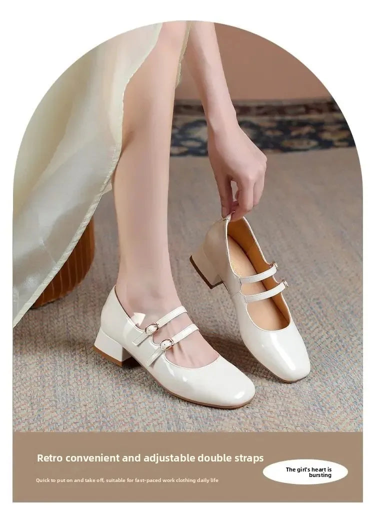 French Patent Leather Mary Jane Shoes – Retro Wine Red Slip-On with Buckle Low Heel