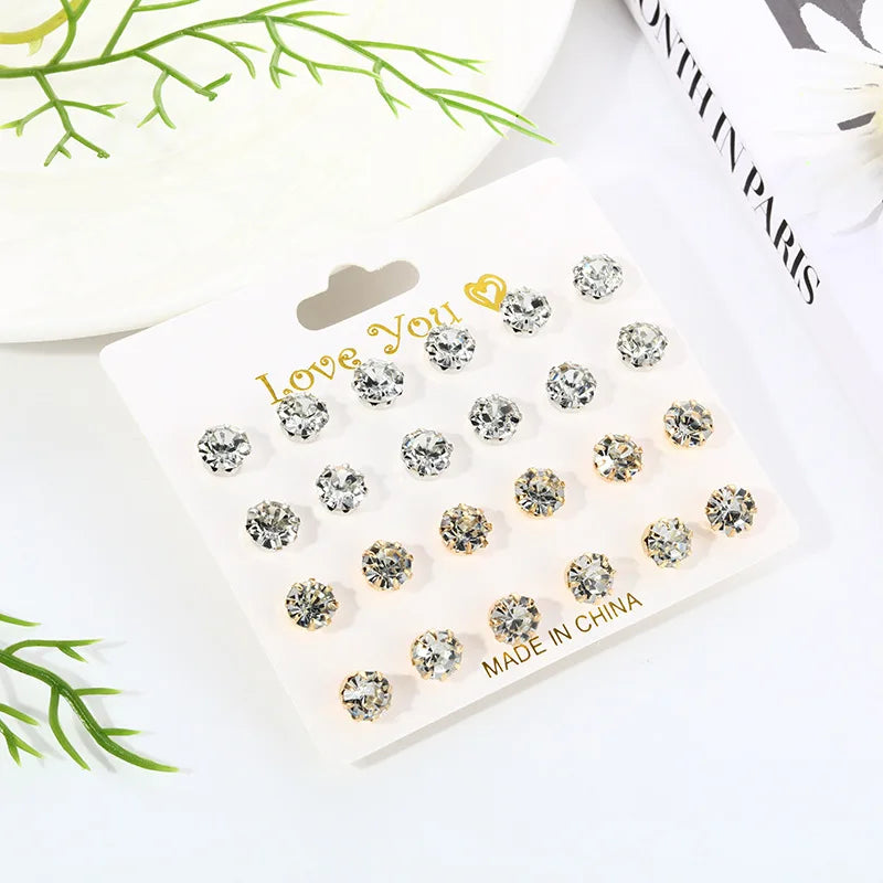 12 Pairs Eight Claw Glass Water Diamond Earrings, Versatile Flower Artificial Crystal Card Earring Set Earrings, Earring Set