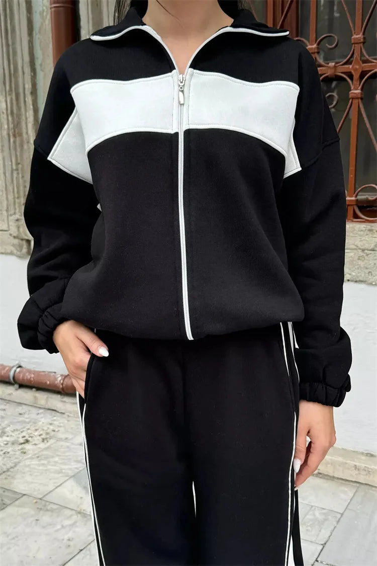 Casual High Neck Zipper Top And Straight Leg Pants Two Piece Set for women Comfortable Leisure