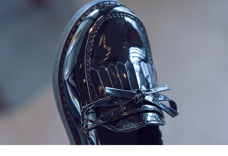 Girls Casual Leather Shoes Kids Flats Tassels with Bow-knot British Style Soft Slip-on Loafers for Wedding Party Bright Skin New