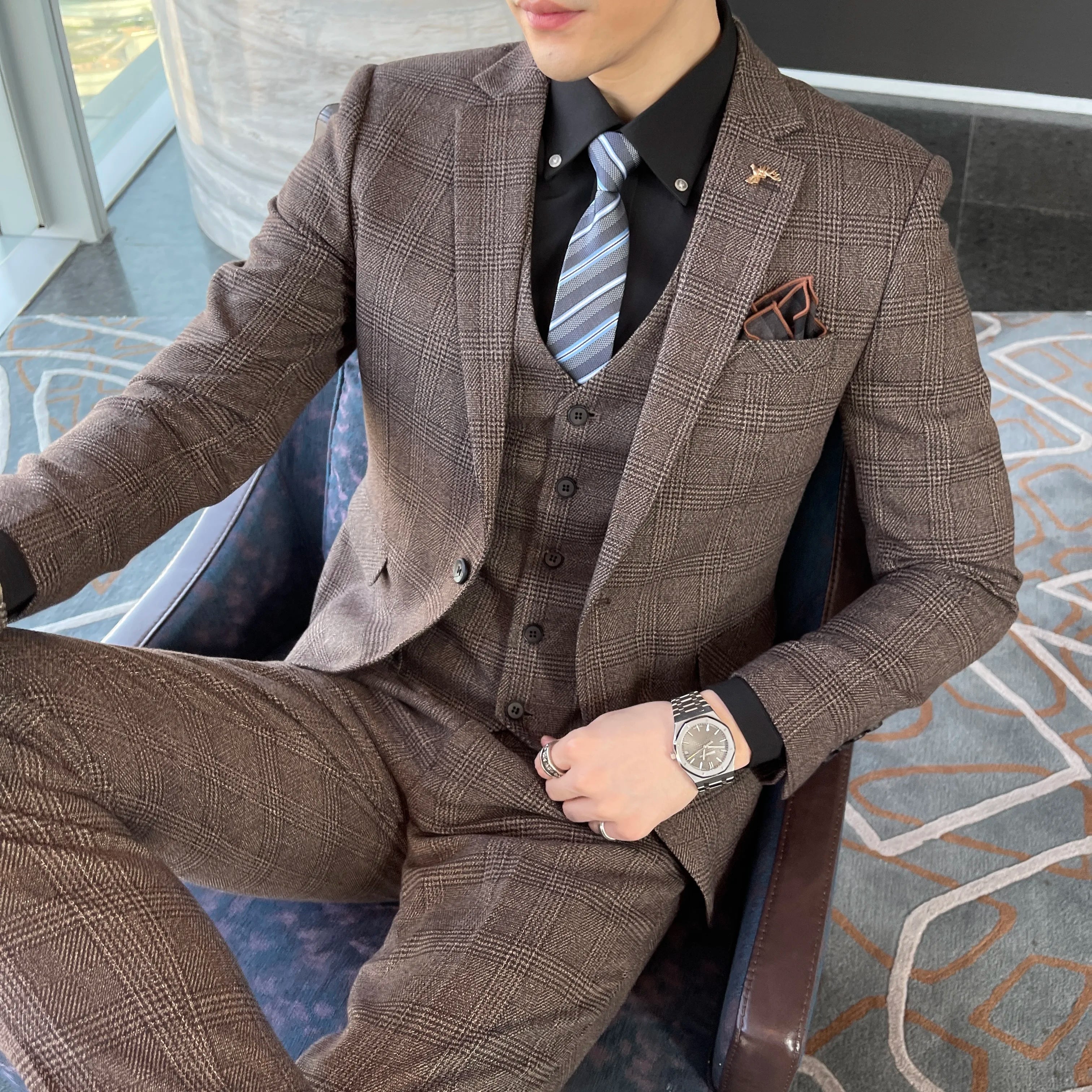 British Men’s Plaid Three-Piece Suit – Korean British Style Business Casual Blazer, Vest & Trousers