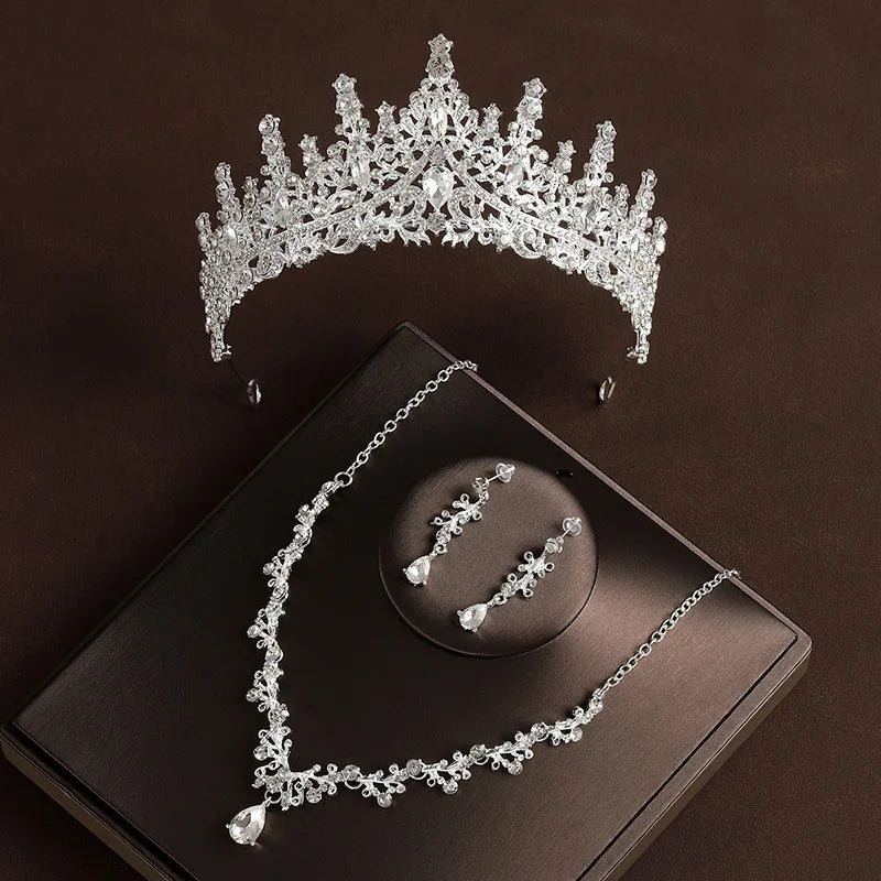 Bridal Wedding Jewelry 4-piece Set, Alloy Crystal Crown&Crystal Necklace&Earrings Women&