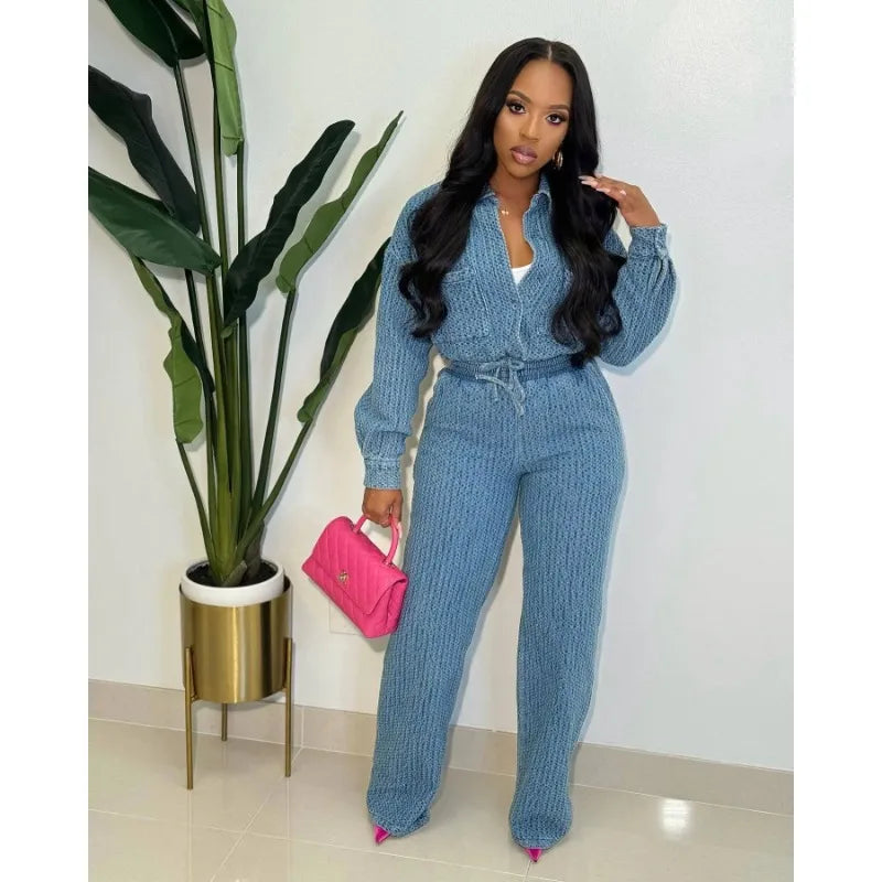 Women Denim Pant Sets Two Piece Pants Sets Sexy Turn Down Collar Full Sleeve Coats Tops Jackets Long Pants High Elastic Waist