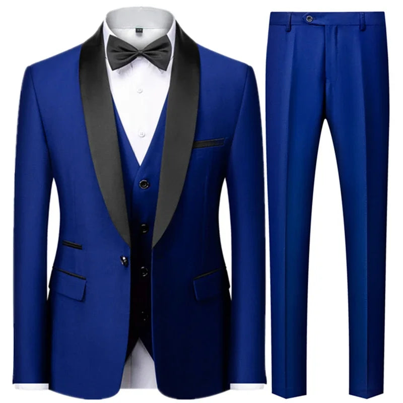 Black Men Autumn Wedding Party Three Pieces Set Large Size Male Blazer Coat Pants and Vest Fashion Slim Fit Suit