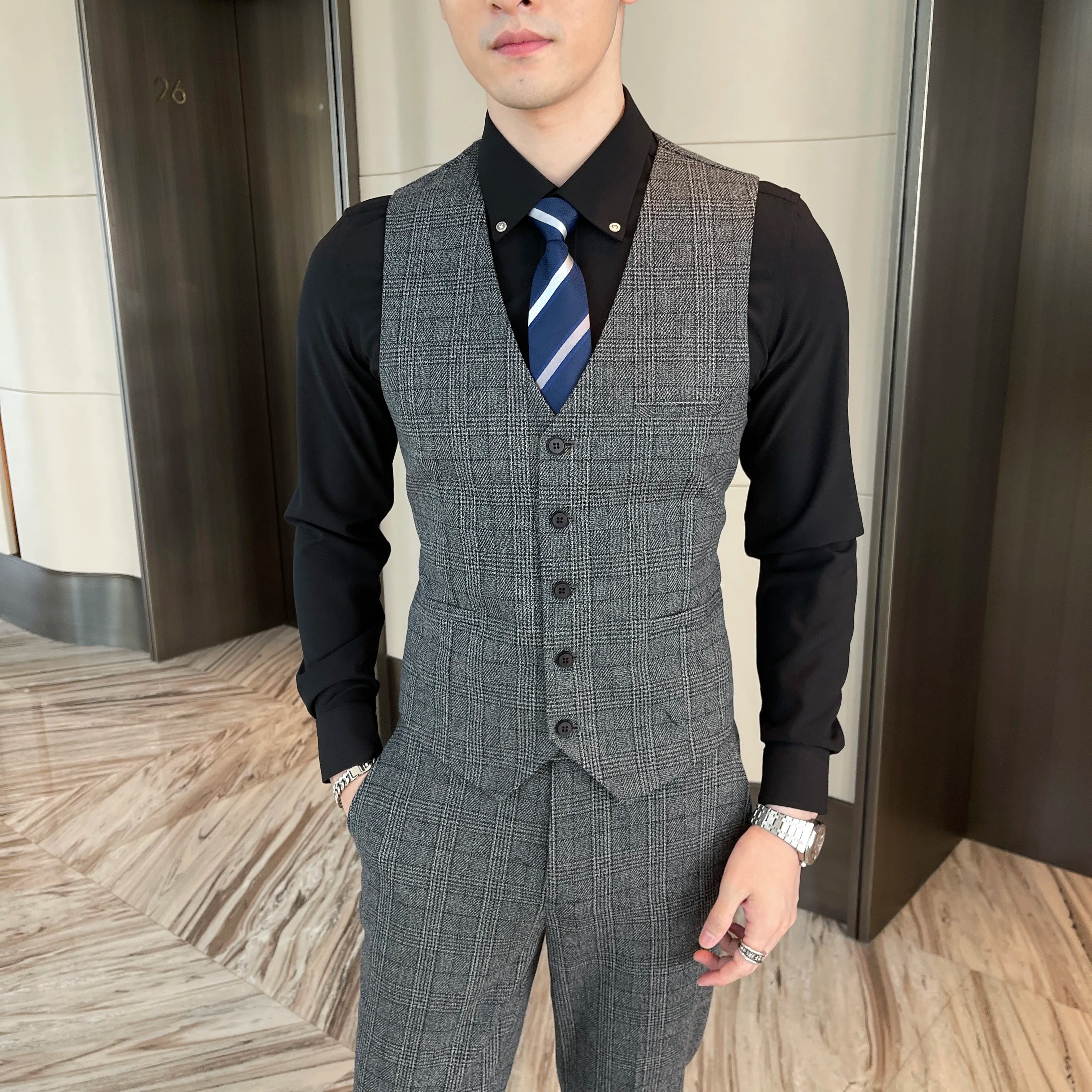British Men’s Plaid Three-Piece Suit – Korean British Style Business Casual Blazer, Vest & Trousers