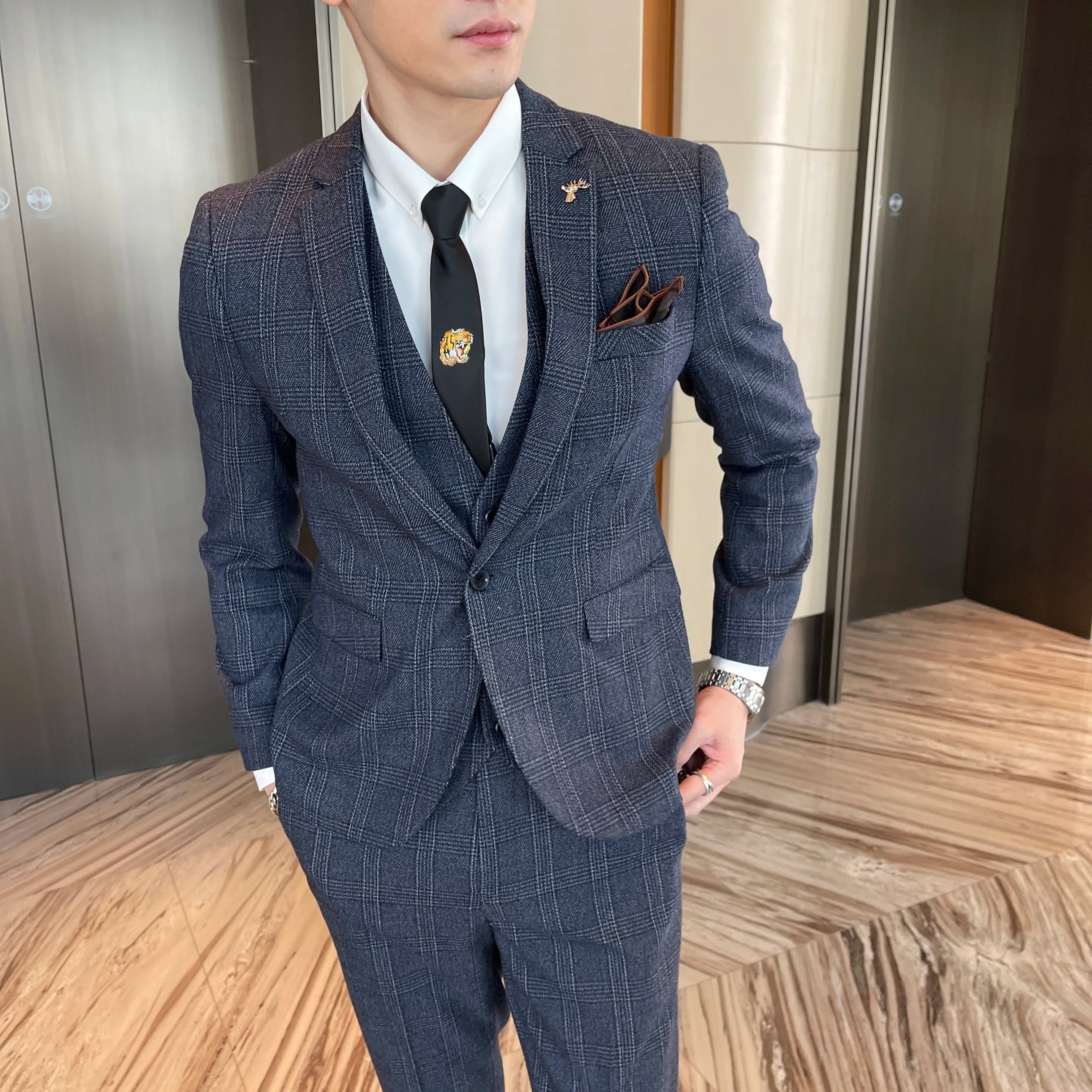 British Men’s Plaid Three-Piece Suit – Korean British Style Business Casual Blazer, Vest & Trousers