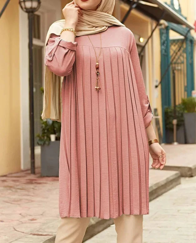 Crisluv™ Modest Pleated Long Shirt – Adjustable Sleeve Islamic O-Neck Top