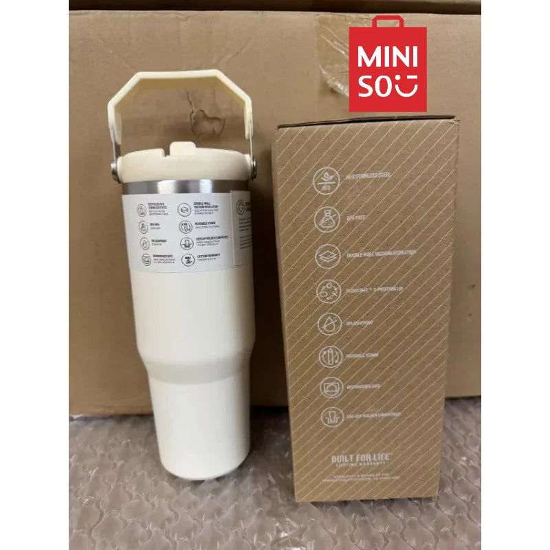 MINISO 30 oz Vacuum Thermos Cup with Treatment Double Layer Thermos Cup Stainless Steel Sports Water Bottle Hot and Cold Drinks