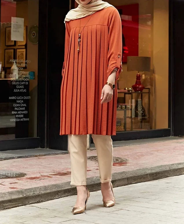 Crisluv™ Modest Pleated Long Shirt – Adjustable Sleeve Islamic O-Neck Top