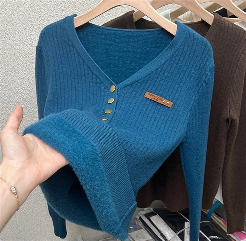 Thicken Women’s Velvet Lined V-Neck Knit Jumper