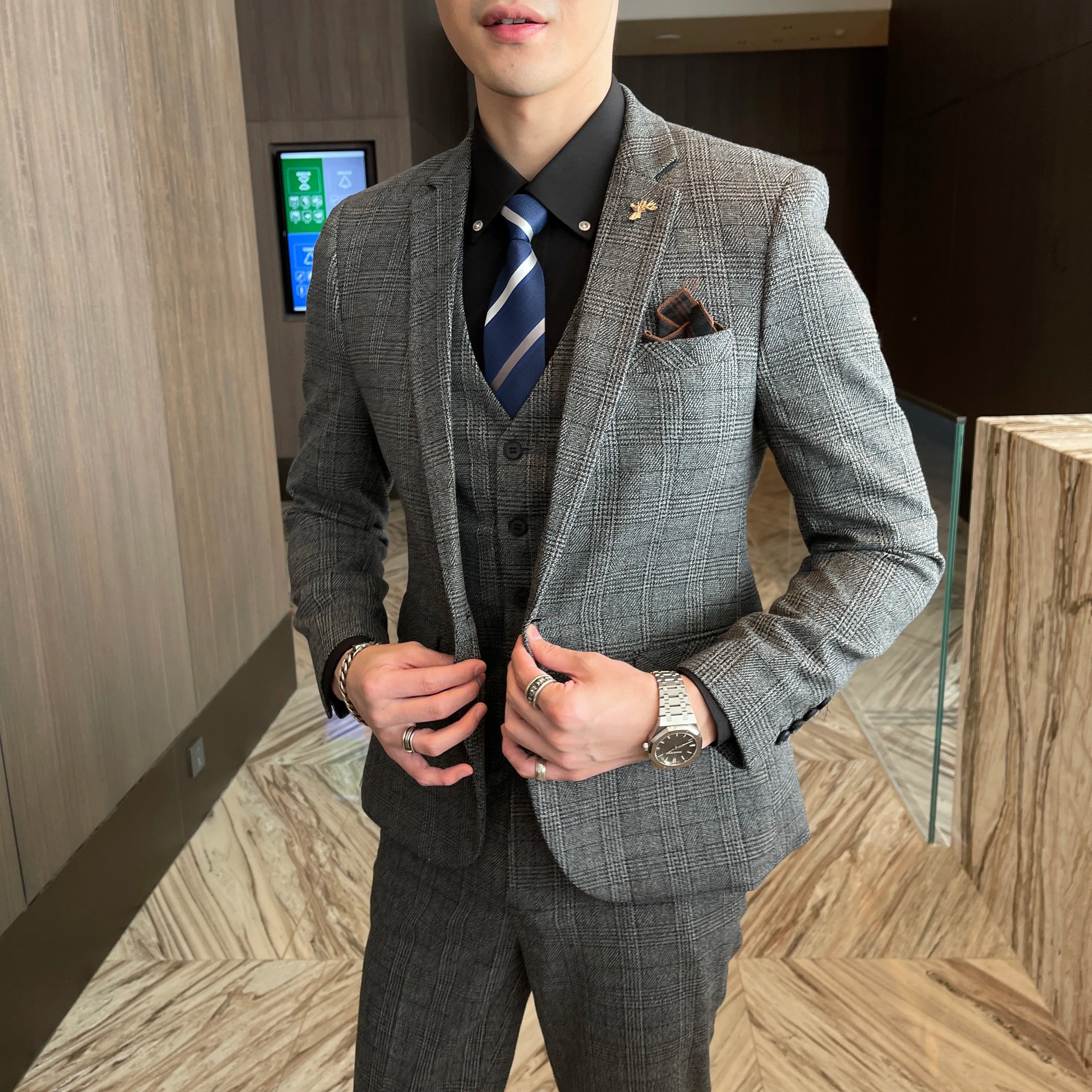 British Men’s Plaid Three-Piece Suit – Korean British Style Business Casual Blazer, Vest & Trousers