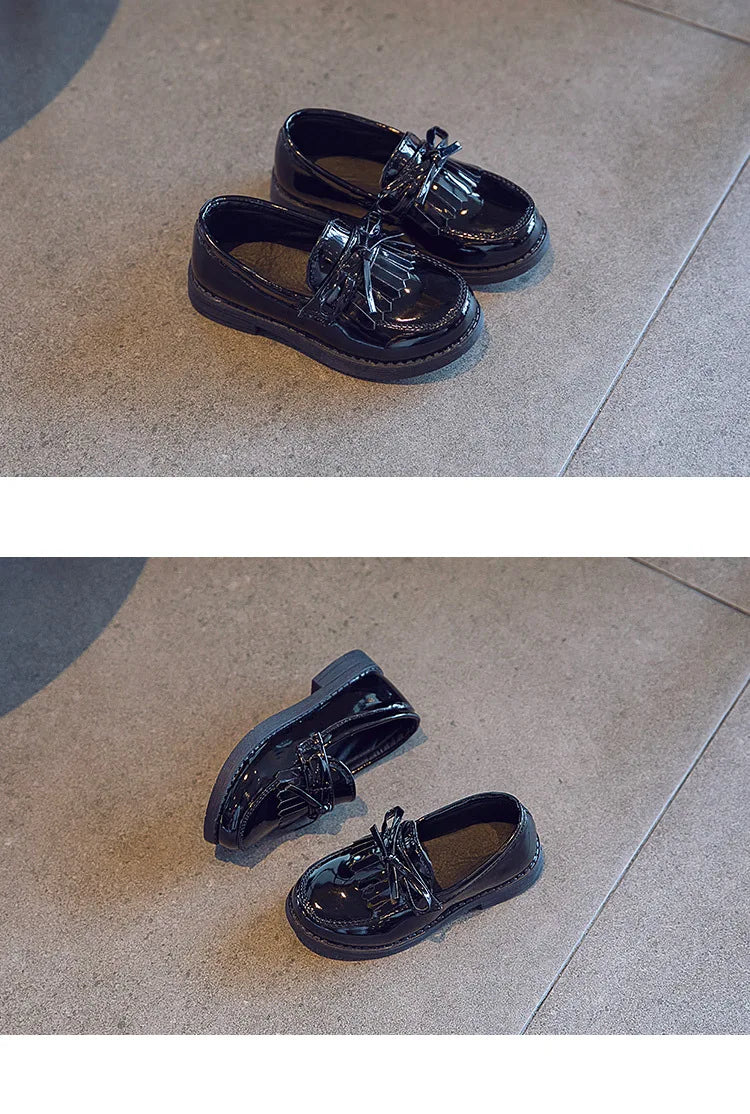 Girls Casual Leather Shoes Kids Flats Tassels with Bow-knot British Style Soft Slip-on Loafers for Wedding Party Bright Skin New