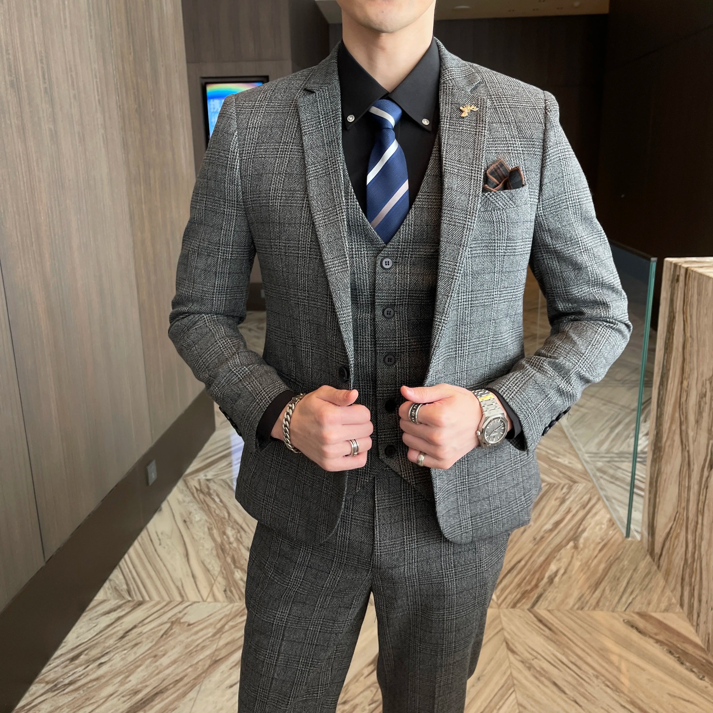British Men’s Plaid Three-Piece Suit – Korean British Style Business Casual Blazer, Vest & Trousers