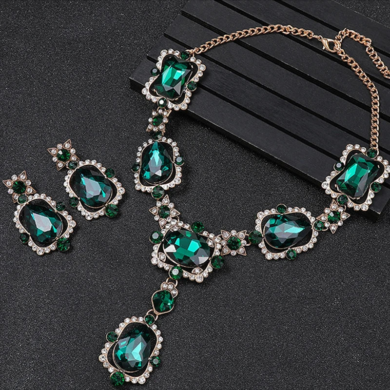 Wedding Jewelry Set Wholesale Big Beautiful Crystal Drop Earrings and Emerald Green Rhinestone Statement Necklace for Women