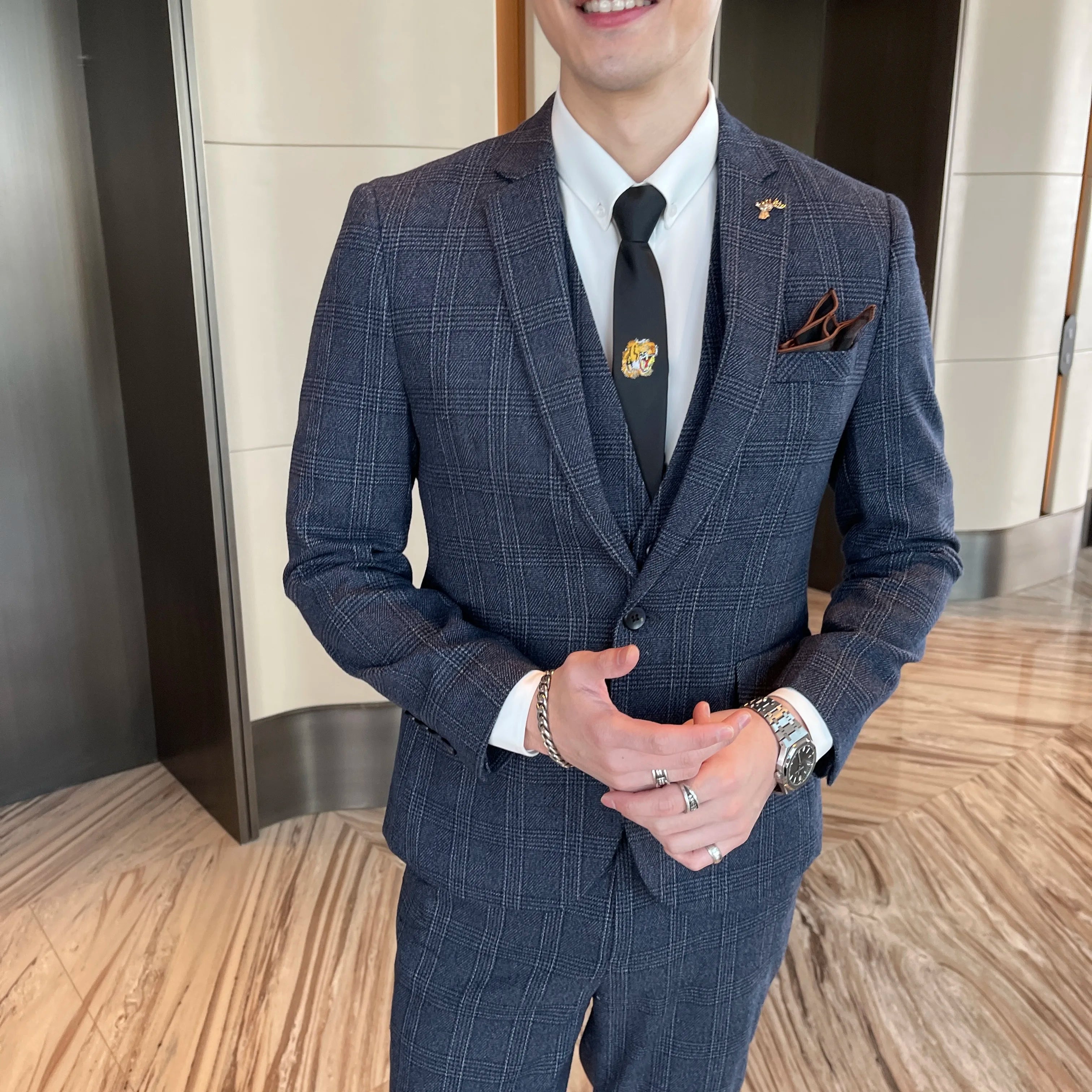 British Men’s Plaid Three-Piece Suit – Korean British Style Business Casual Blazer, Vest & Trousers