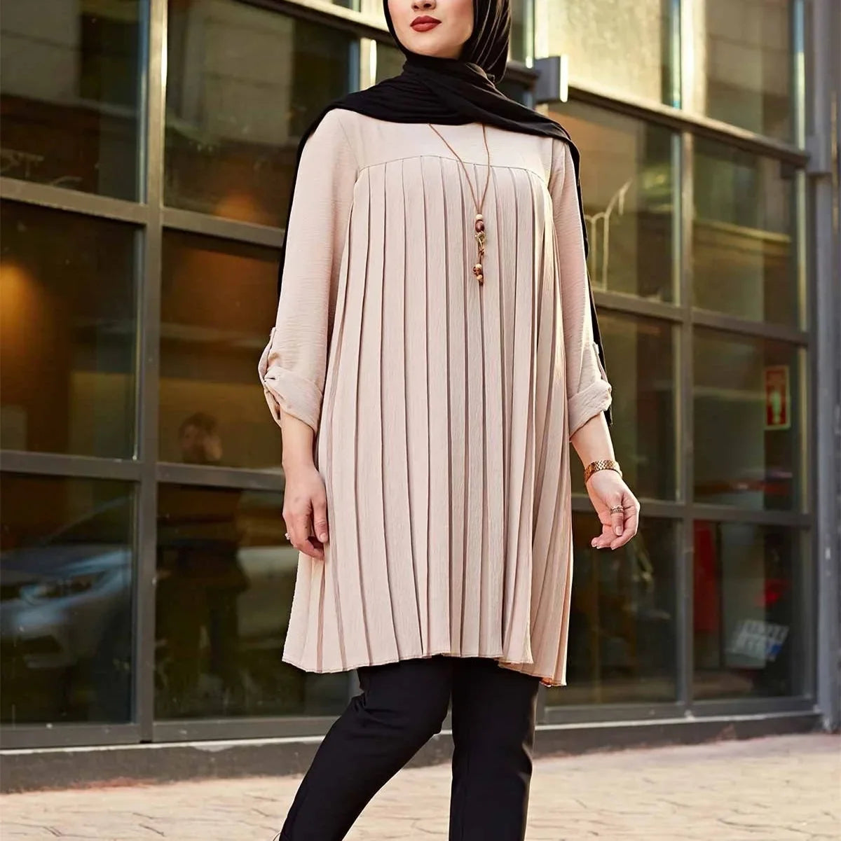 Crisluv™ Modest Pleated Long Shirt – Adjustable Sleeve Islamic O-Neck Top