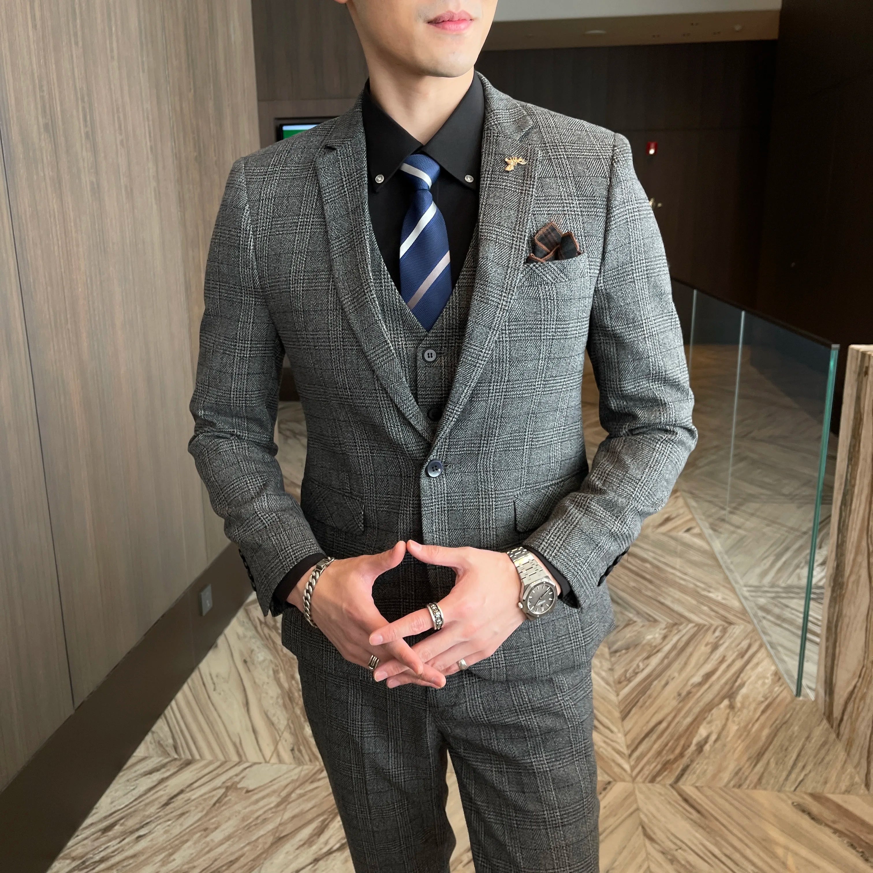 British Men’s Plaid Three-Piece Suit – Korean British Style Business Casual Blazer, Vest & Trousers