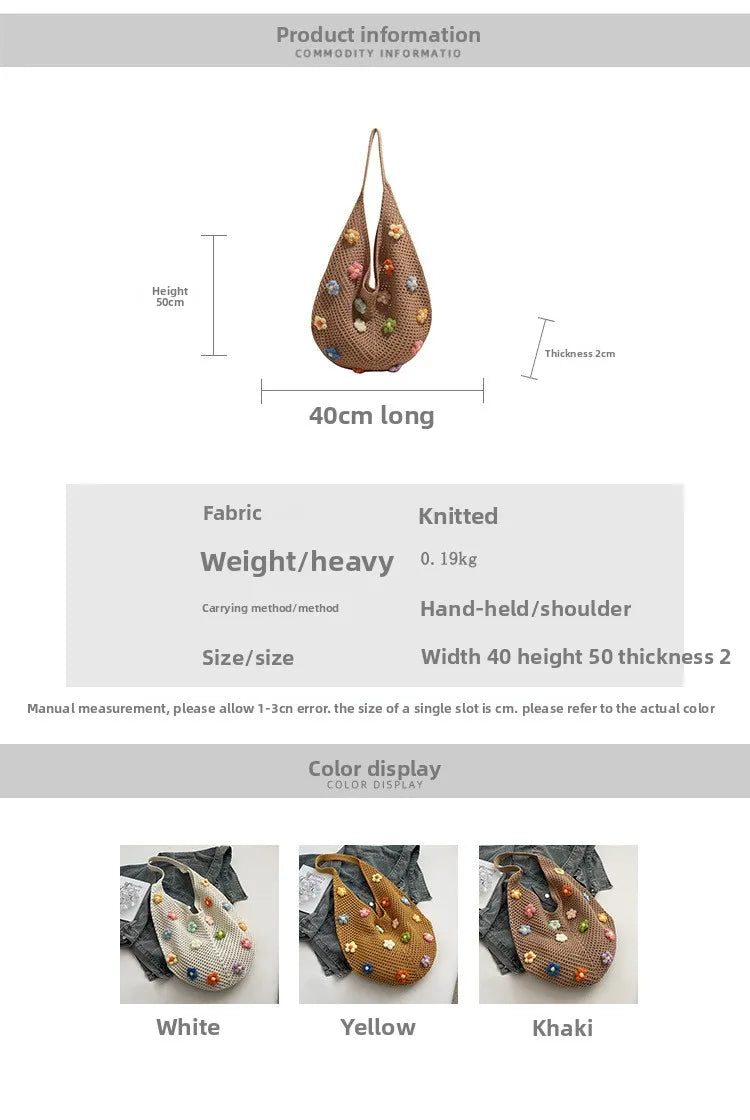 Hollow Mesh Knitted Shoulder Bag Beach Vacation Slouchy Chic Cartoon Tote Bag Lightweight Laid-Back Casual Woven Women Handbag