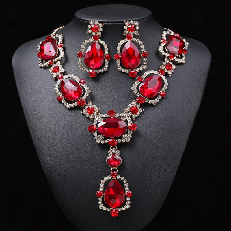 Wedding Jewelry Set Wholesale Big Beautiful Crystal Drop Earrings and Emerald Green Rhinestone Statement Necklace for Women