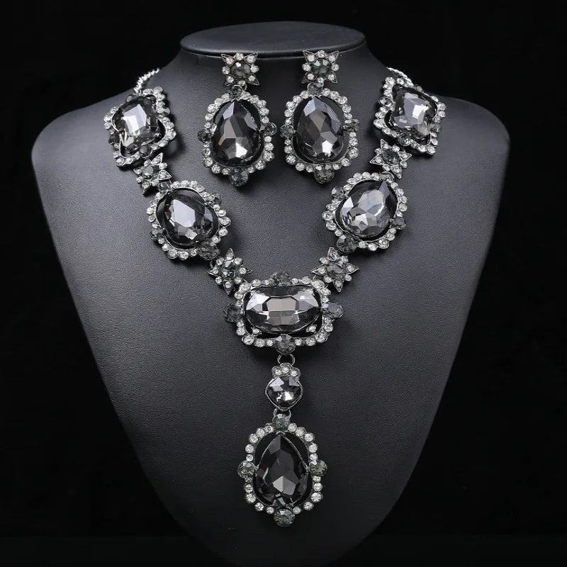 Wedding Jewelry Set Wholesale Big Beautiful Crystal Drop Earrings and Emerald Green Rhinestone Statement Necklace for Women