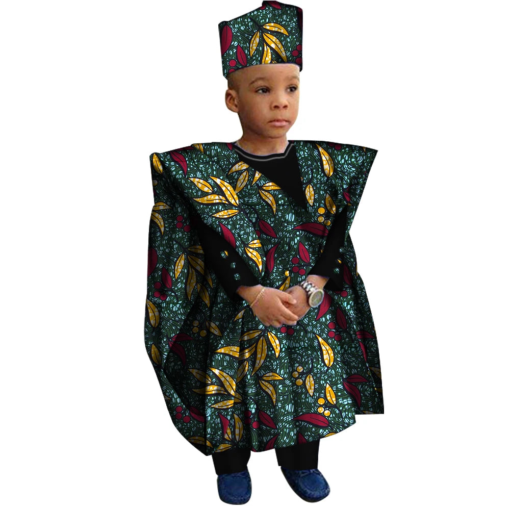 African Clothes with Hat Boy Tops and Pants African Print Clothes for Boys Bazin Riche Dashiki Gown Set WYT200