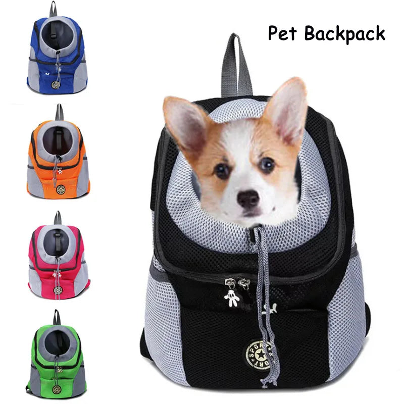 Portable Pet Backpack Carrier for small dogs in various colors with a dog peeking out.