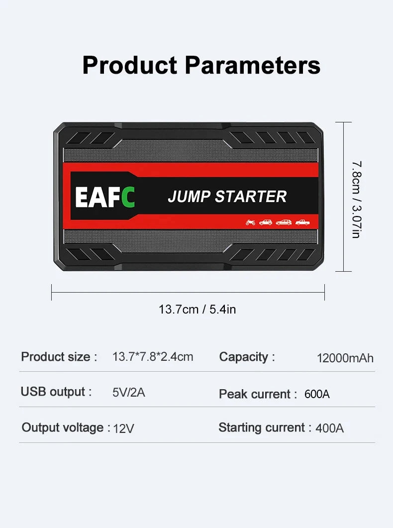 EAFC 12V Car Jump Start 600A-2000A Car Battery Starter Booster Auto Starting Device Emergency Start Portable Power Bank