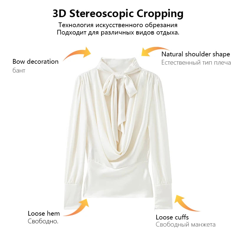 Womens Satin Textured Backless Blouse With Bow Detail Long Sleeves Elegant And Silky Women S Shirt Top For Everyday Casual Wear