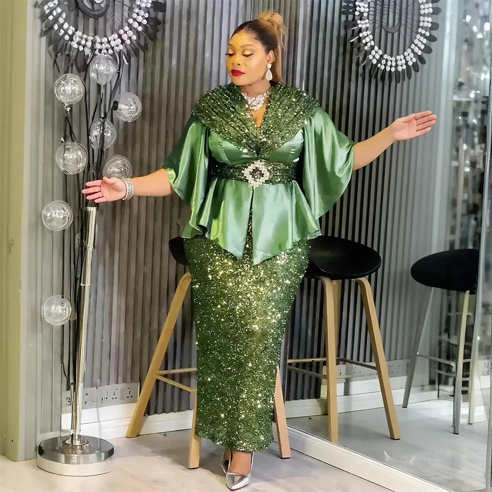 African Party Dresses for Women Elegant Turkey Muslim Wedding Evening Gown Plus Size Dashiki Sequin Sexy Bodycon Slit Long Dress