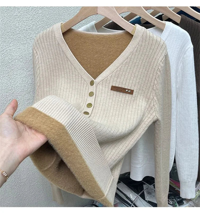 Thicken Women’s Velvet Lined V-Neck Knit Jumper