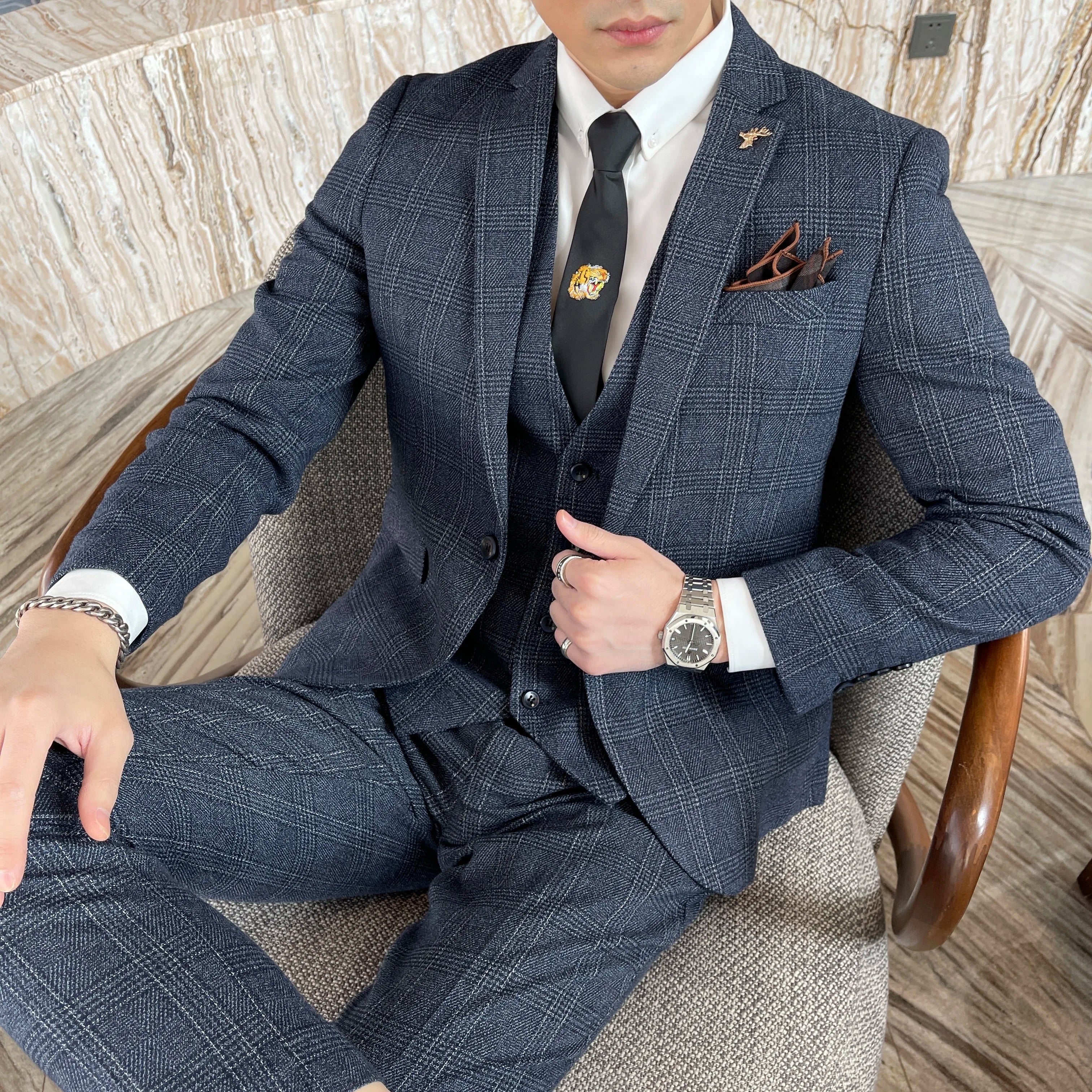 British Men’s Plaid Three-Piece Suit – Korean British Style Business Casual Blazer, Vest & Trousers