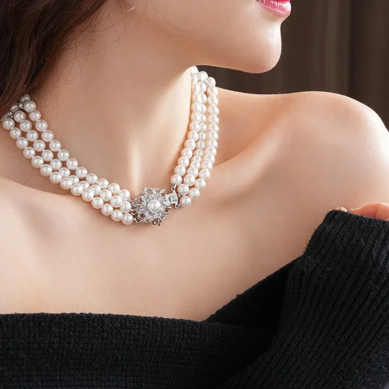 DREJEW Flower Multi-layer Pearl Jewelry Set for Woemn Fashion Bracelet French Fashion Light Luxury Temperament Accessories Sets