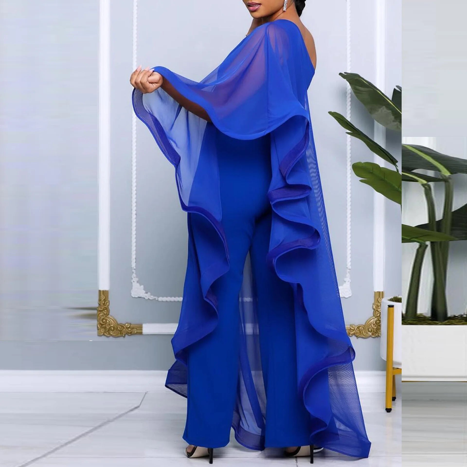 Crisluvᵀᴹ One-Shoulder Ruffle Sleeve Women’s Jumpsuit Elegant Slim Fit Aysmmetric Fashion Autumn