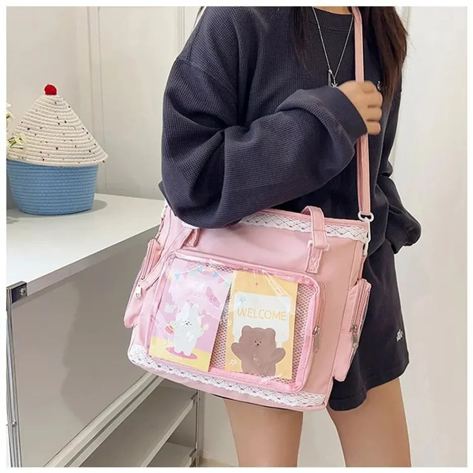 Japan Style Preppy Messenger Bag with Cute Bow Anime Shoulder Crossbody Bag For Sweet JK Girls Tote Bag