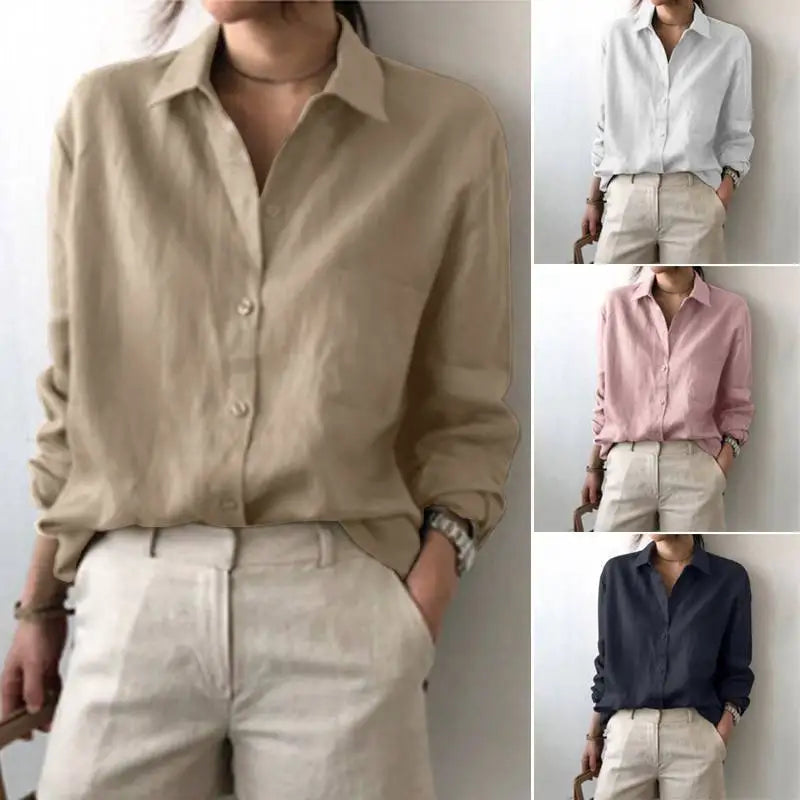 Women Blouses Turn Down Collar Vintage Button Shirts Cardigan Solid Long Sleeve Shirt Outerwear Office Lady Elegant Regular
