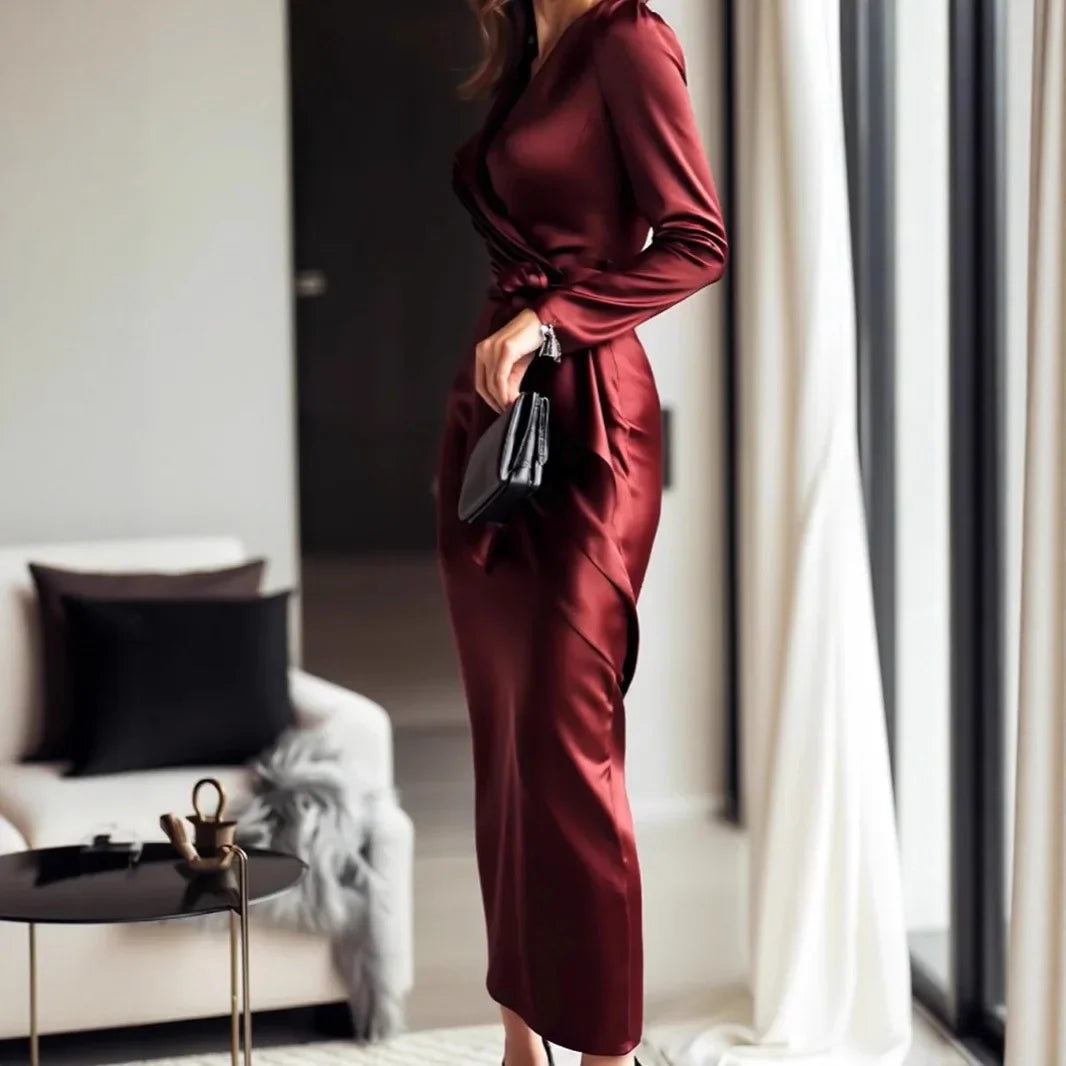 Crisluvᵀᴹ Elegant Satin V-Neck Long Sleeve Maxi Dress with Waist Belt