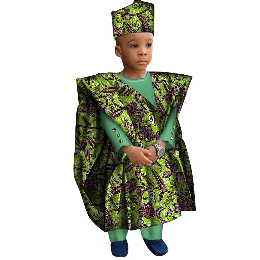 African Clothes with Hat Boy Tops and Pants African Print Clothes for Boys Bazin Riche Dashiki Gown Set WYT200