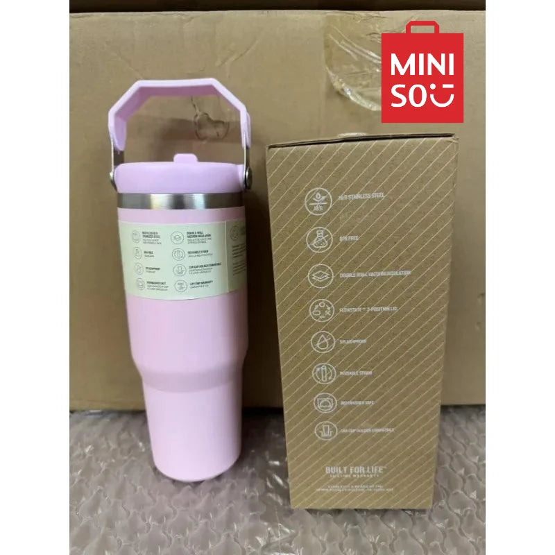 MINISO 30 oz Vacuum Thermos Cup with Treatment Double Layer Thermos Cup Stainless Steel Sports Water Bottle Hot and Cold Drinks