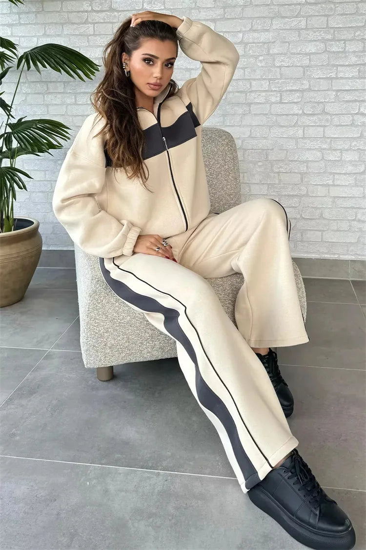 Casual High Neck Zipper Top And Straight Leg Pants Two Piece Set for women Comfortable Leisure