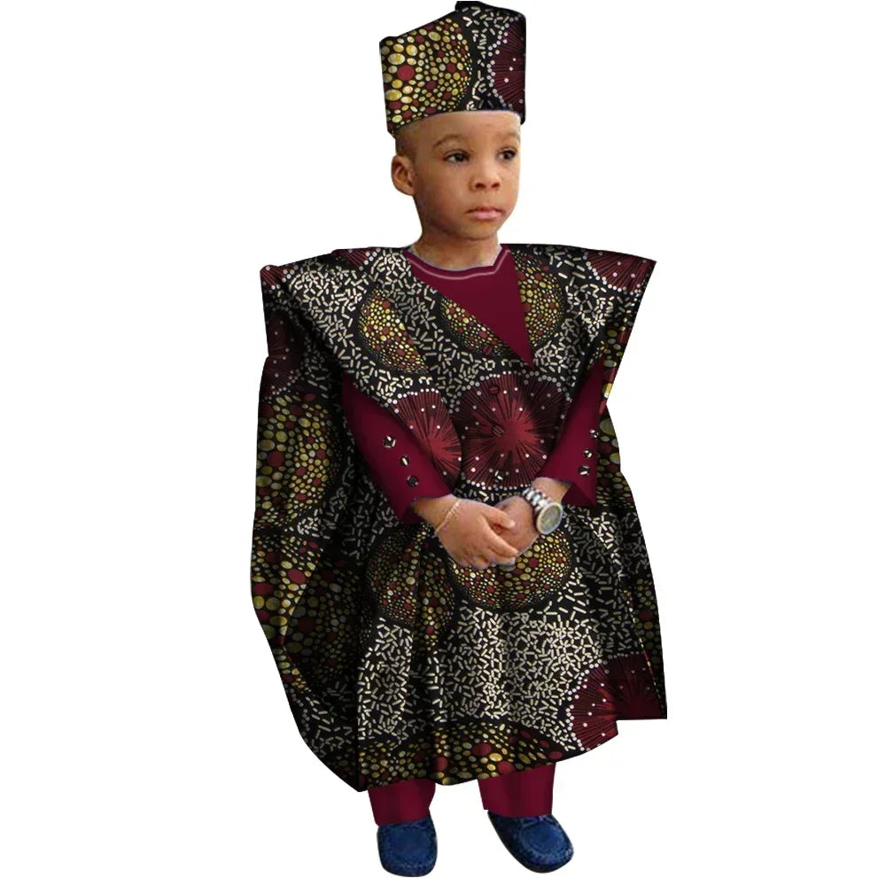 African Clothes with Hat Boy Tops and Pants African Print Clothes for Boys Bazin Riche Dashiki Gown Set WYT200