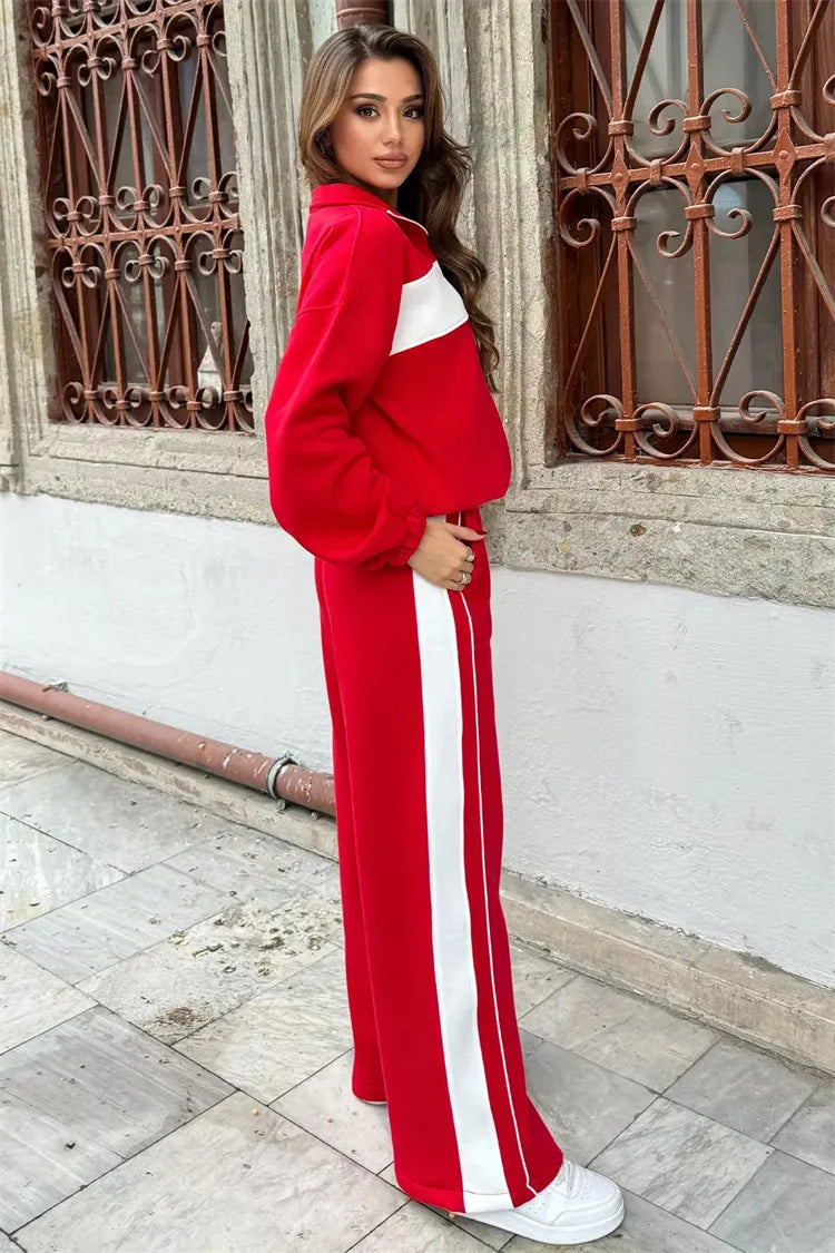 Casual High Neck Zipper Top And Straight Leg Pants Two Piece Set for women Comfortable Leisure