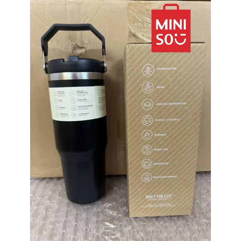 MINISO 30 oz Vacuum Thermos Cup with Treatment Double Layer Thermos Cup Stainless Steel Sports Water Bottle Hot and Cold Drinks