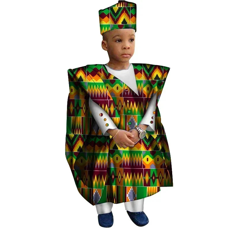 African Clothes with Hat Boy Tops and Pants African Print Clothes for Boys Bazin Riche Dashiki Gown Set WYT200