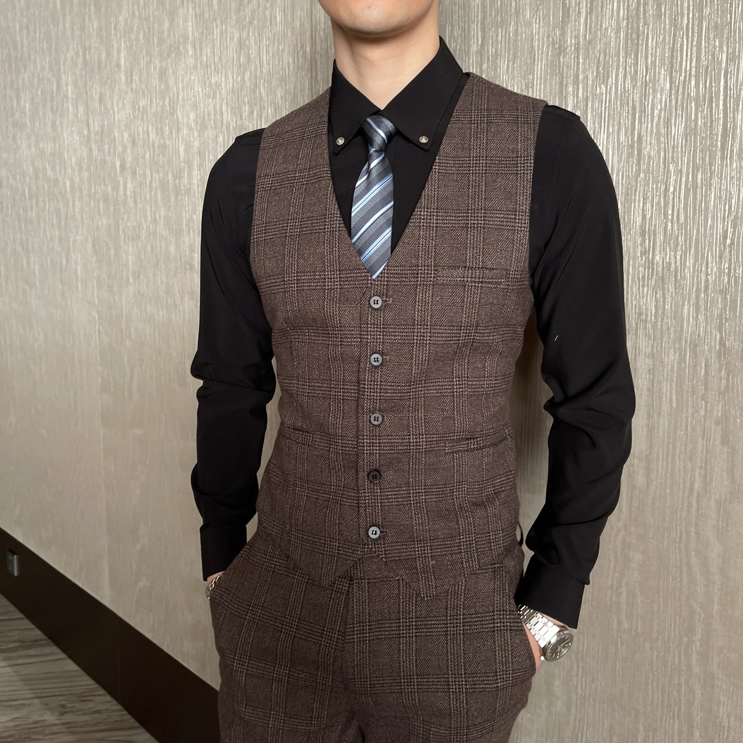 British Men’s Plaid Three-Piece Suit – Korean British Style Business Casual Blazer, Vest & Trousers