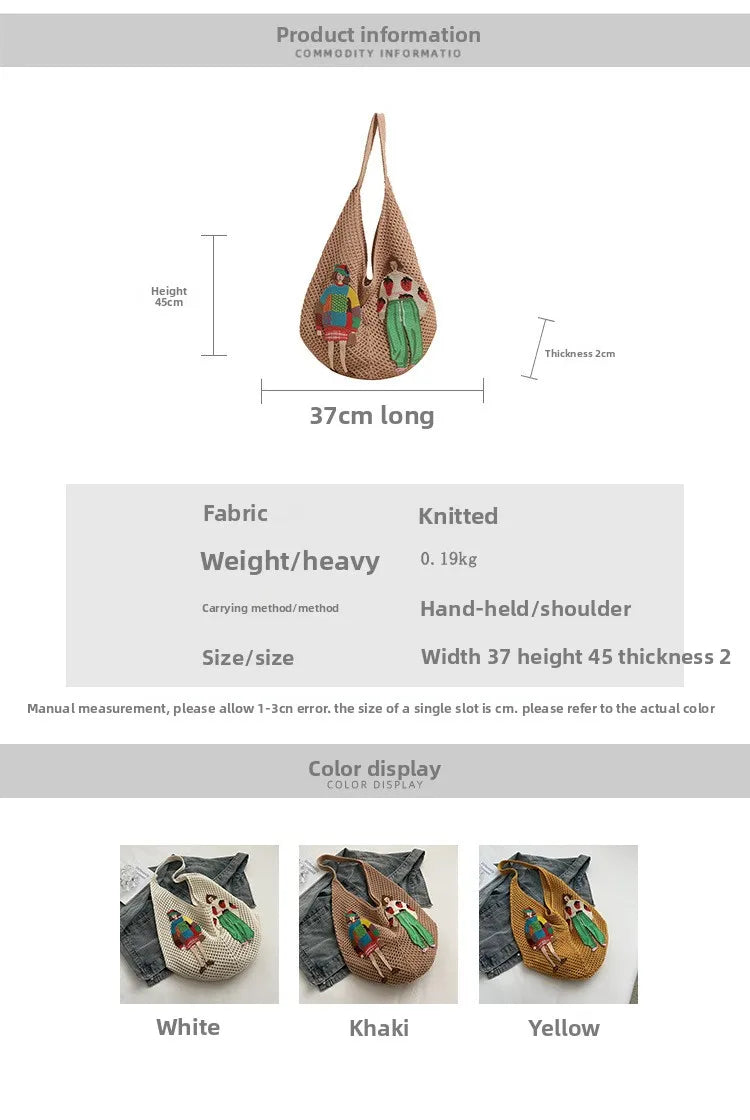 Hollow Mesh Knitted Shoulder Bag Beach Vacation Slouchy Chic Cartoon Tote Bag Lightweight Laid-Back Casual Woven Women Handbag