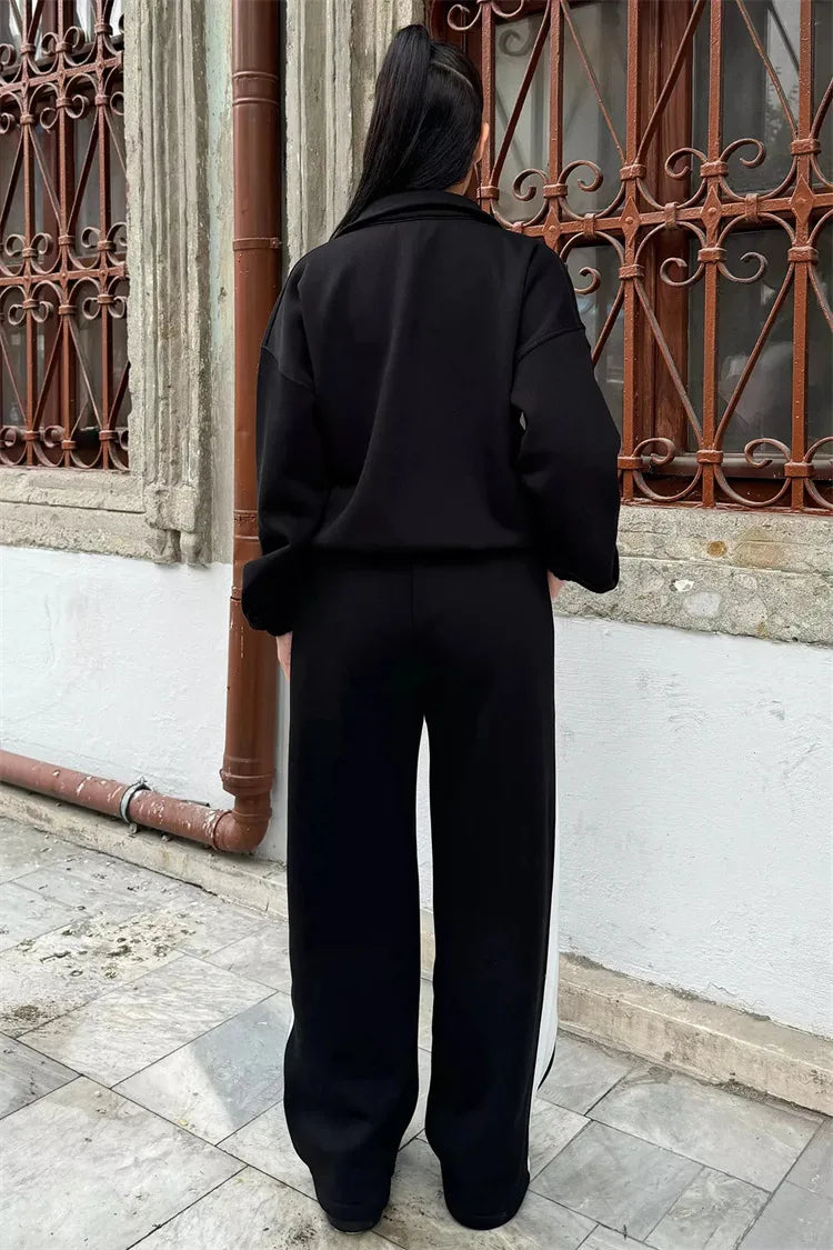 Casual High Neck Zipper Top And Straight Leg Pants Two Piece Set for women Comfortable Leisure