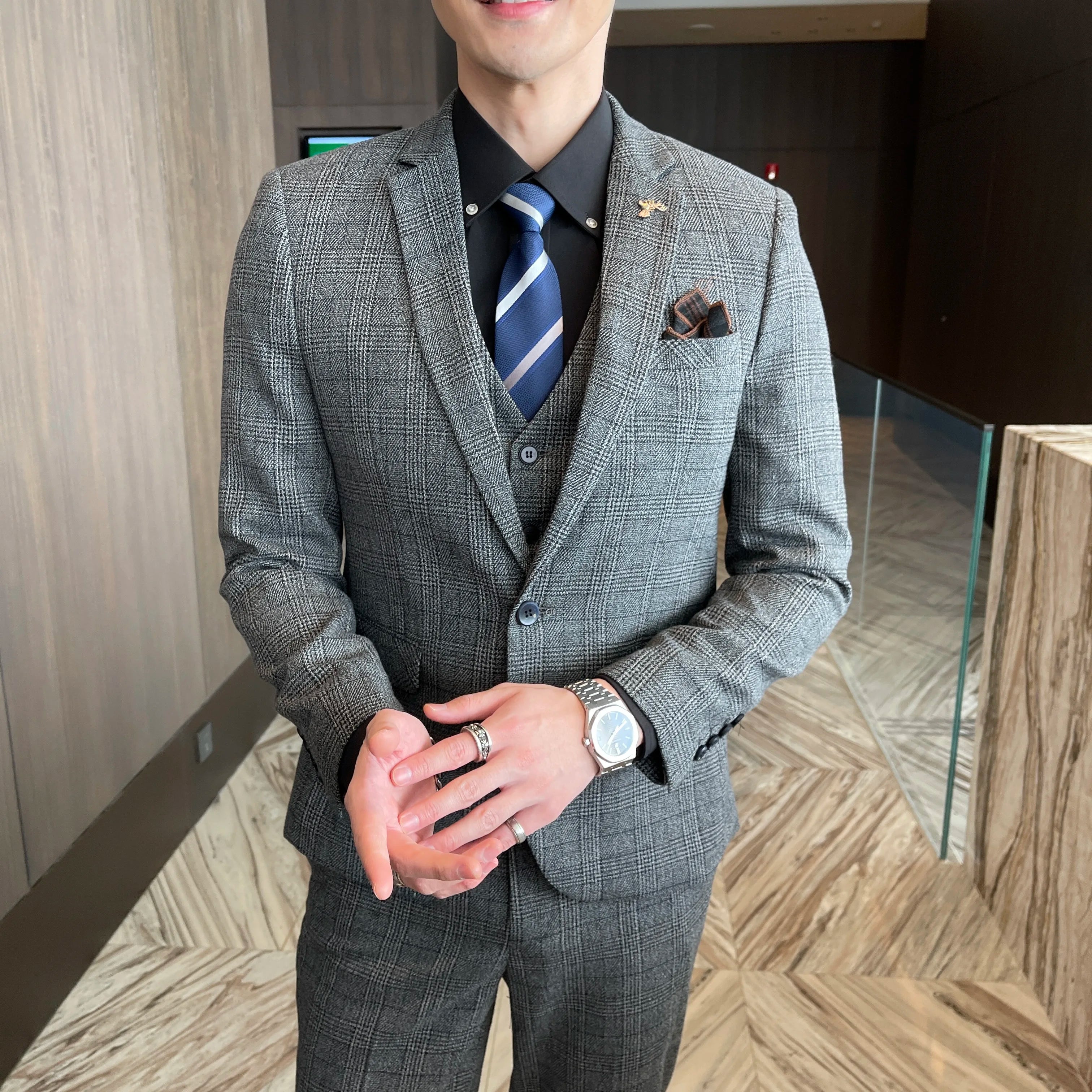 British Men’s Plaid Three-Piece Suit – Korean British Style Business Casual Blazer, Vest & Trousers